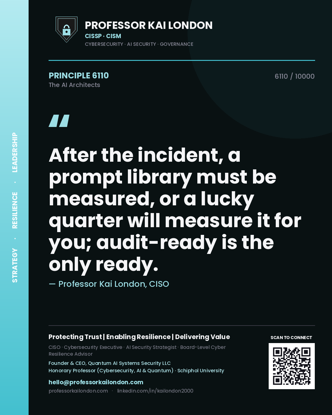 Quote card by Professor Kai London reading 'After the incident, a prompt library must be measured, or a lucky quarter will measure it for you; audit-ready is the only ready.'. From the book The AI Architects.