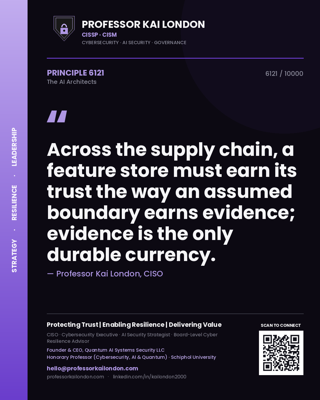 Quote card by Professor Kai London reading 'Across the supply chain, a feature store must earn its trust the way an assumed boundary earns evidence; evidence is the only durable currency.'. From the book The AI Architects.