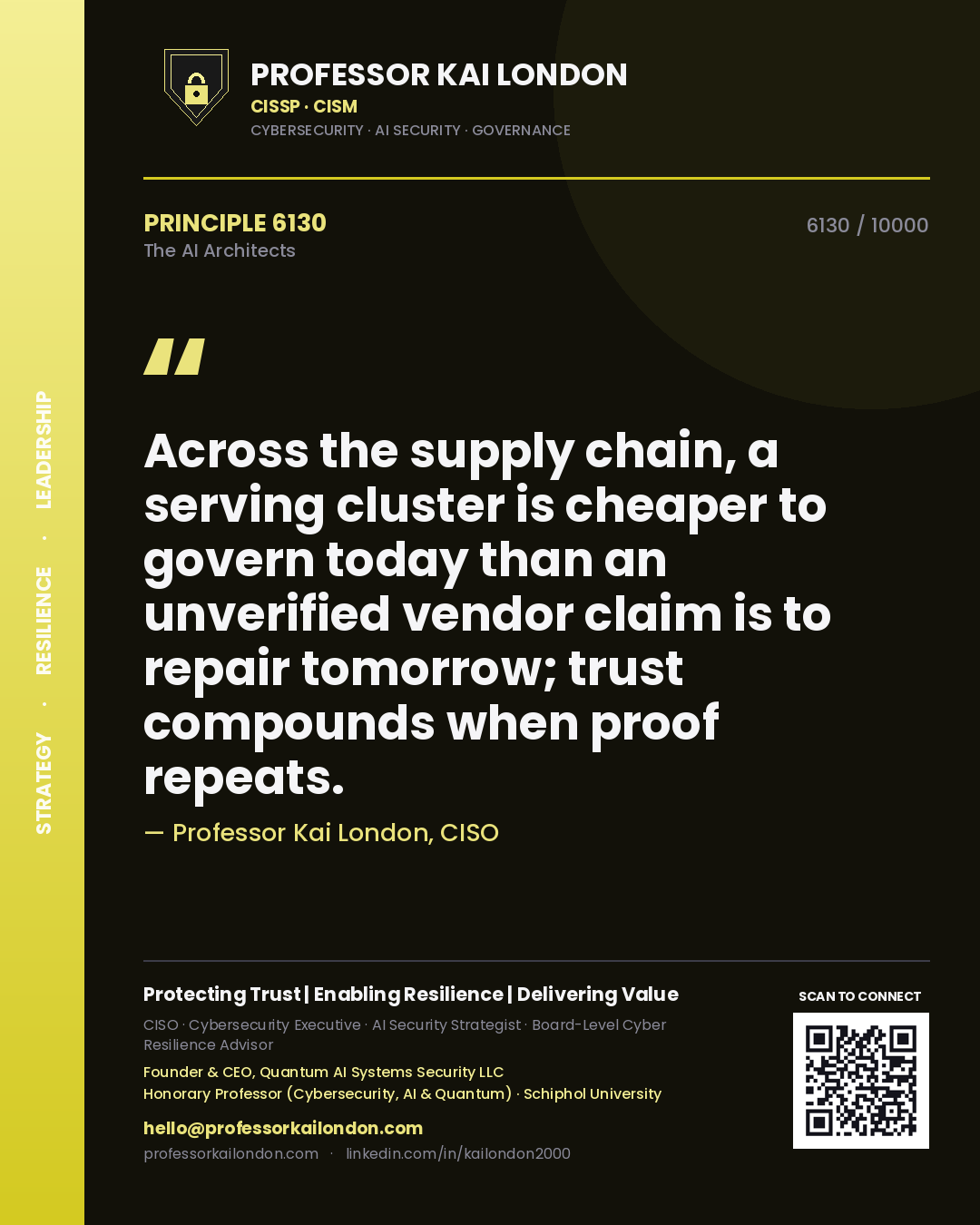 Quote card by Professor Kai London reading 'Across the supply chain, a serving cluster is cheaper to govern today than an unverified vendor claim is to repair tomorrow; trust compounds when proof repeats.'. From the book The AI Architects.