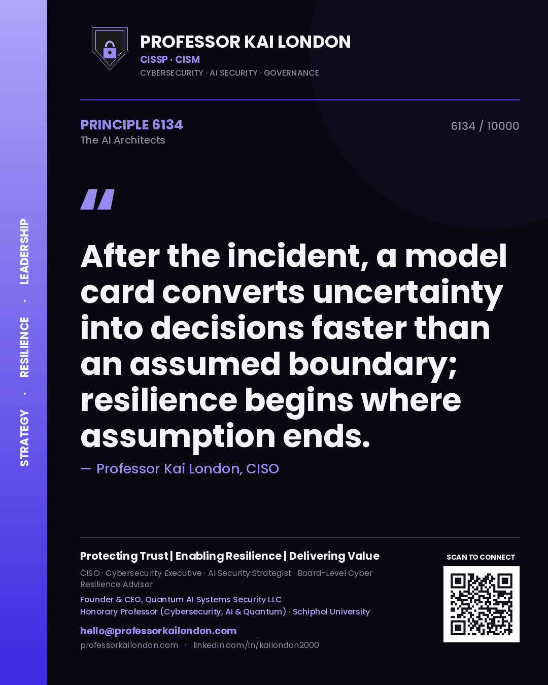 Quote card by Professor Kai London reading 'After the incident, a model card converts uncertainty into decisions faster than an assumed boundary; resilience begins where assumption ends.'. From the book The AI Architects.