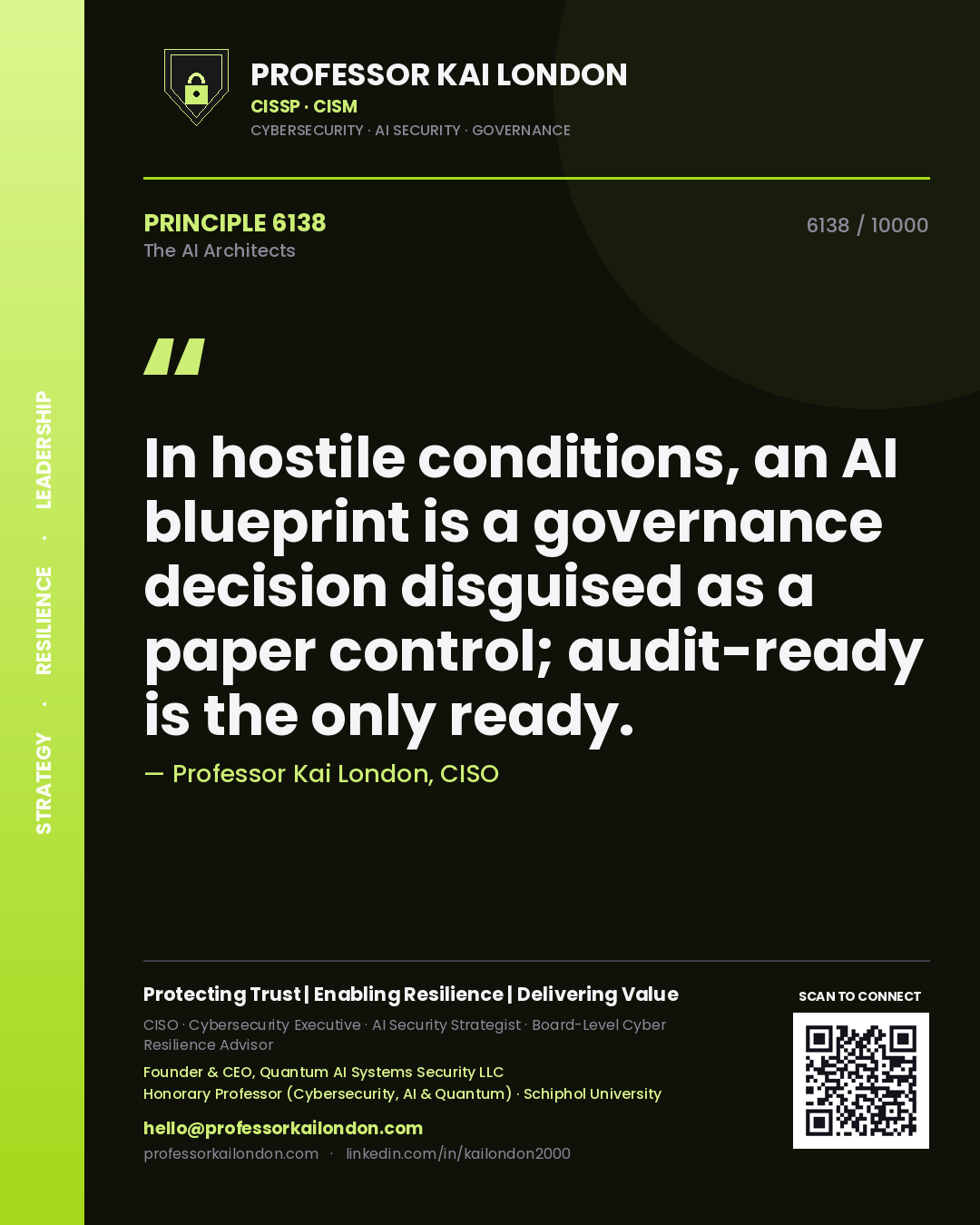 Quote card by Professor Kai London reading 'In hostile conditions, an AI blueprint is a governance decision disguised as a paper control; audit-ready is the only ready.'. From the book The AI Architects.