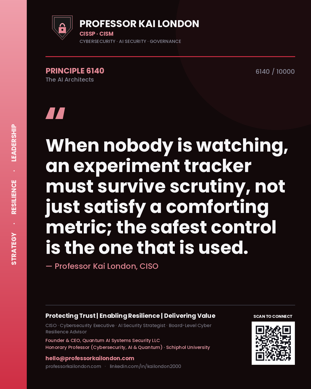 Quote card by Professor Kai London reading 'When nobody is watching, an experiment tracker must survive scrutiny, not just satisfy a comforting metric; the safest control is the one that is used.'. From the book The AI Architects.