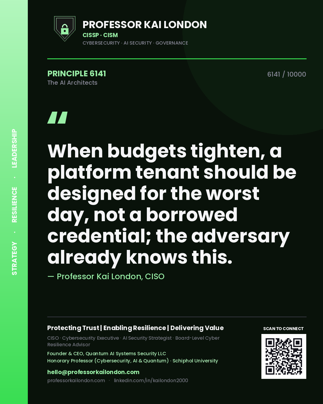 Quote card by Professor Kai London reading 'When budgets tighten, a platform tenant should be designed for the worst day, not a borrowed credential; the adversary already knows this.'. From the book The AI Architects.