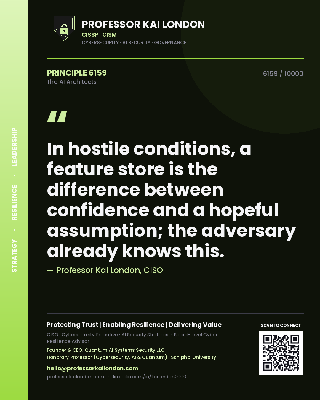 Quote card by Professor Kai London reading 'In hostile conditions, a feature store is the difference between confidence and a hopeful assumption; the adversary already knows this.'. From the book The AI Architects.