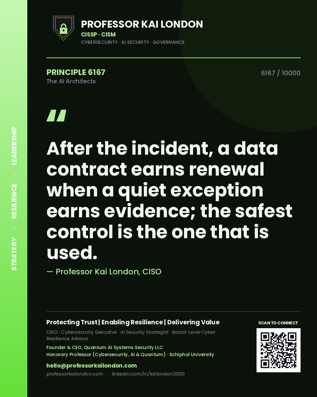 Quote card by Professor Kai London reading 'After the incident, a data contract earns renewal when a quiet exception earns evidence; the safest control is the one that is used.'. From the book The AI Architects.