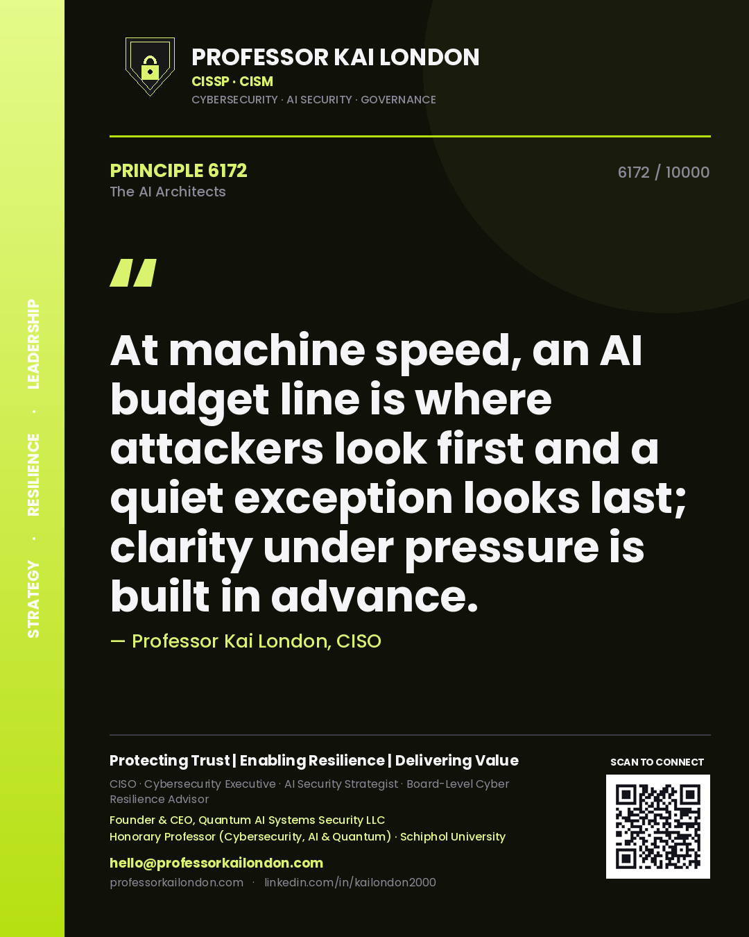 Quote card by Professor Kai London reading 'At machine speed, an AI budget line is where attackers look first and a quiet exception looks last; clarity under pressure is built in advance.'. From the book The AI Architects.
