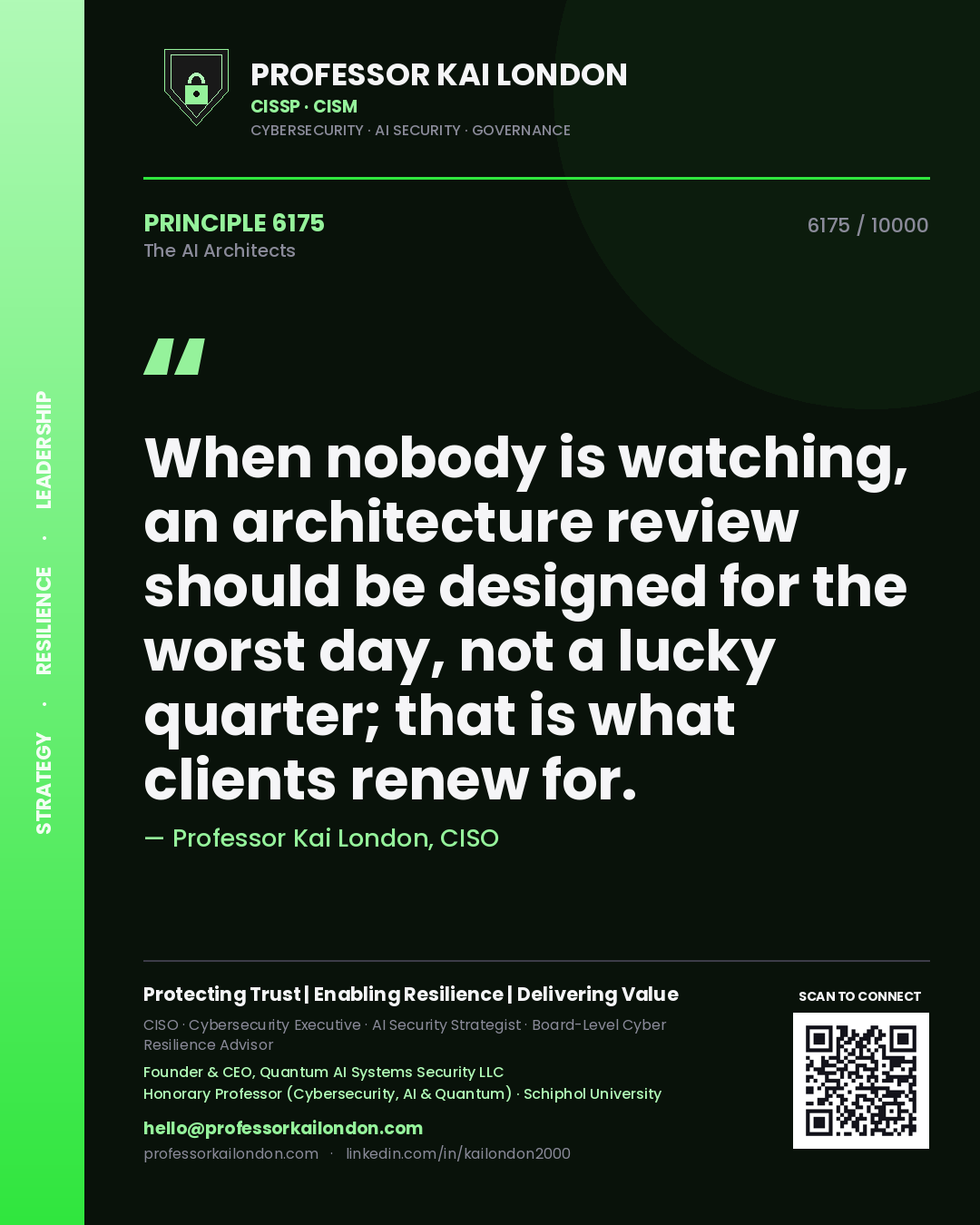 Quote card by Professor Kai London reading 'When nobody is watching, an architecture review should be designed for the worst day, not a lucky quarter; that is what clients renew for.'. From the book The AI Architects.