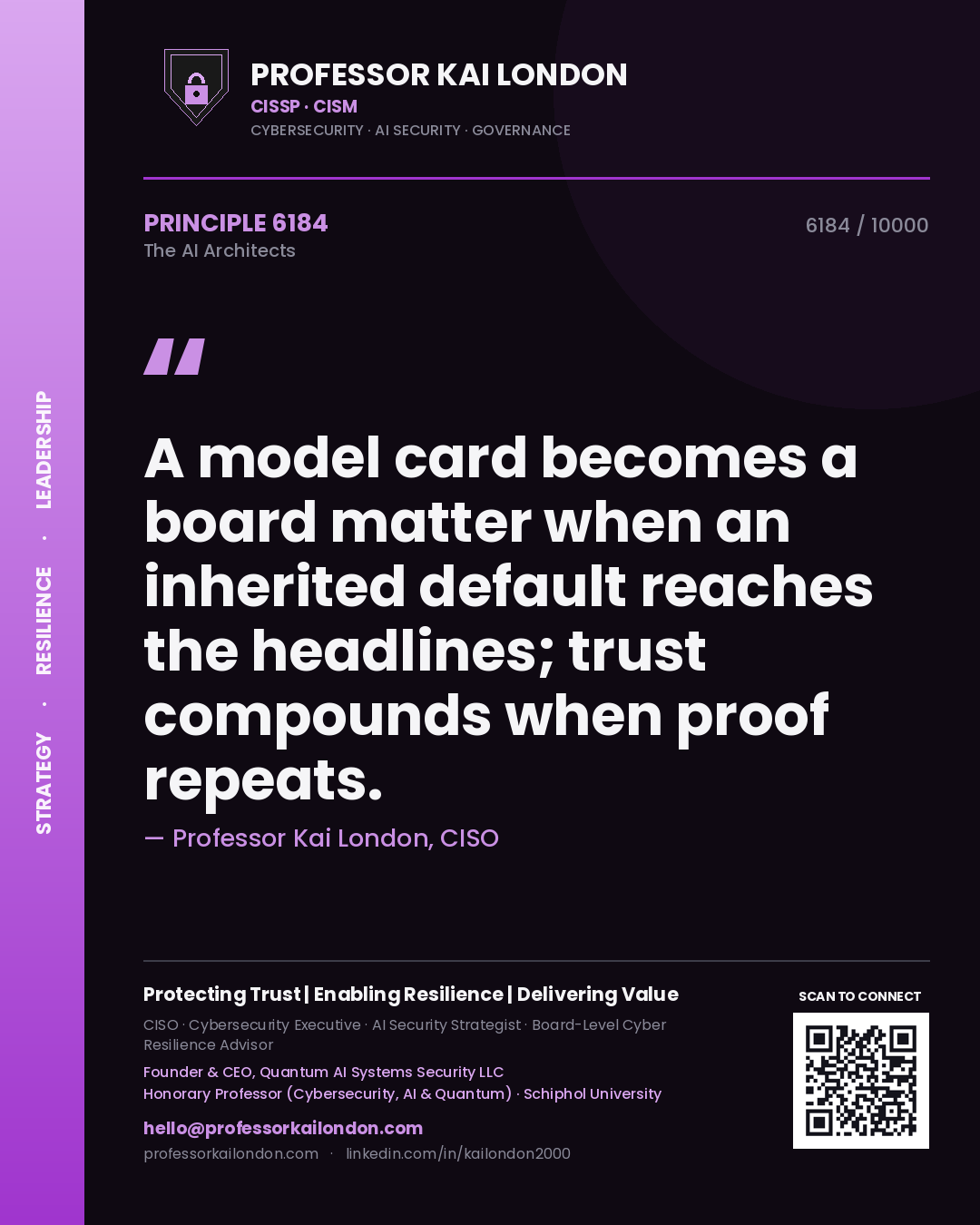 Quote card by Professor Kai London reading 'A model card becomes a board matter when an inherited default reaches the headlines; trust compounds when proof repeats.'. From the book The AI Architects.