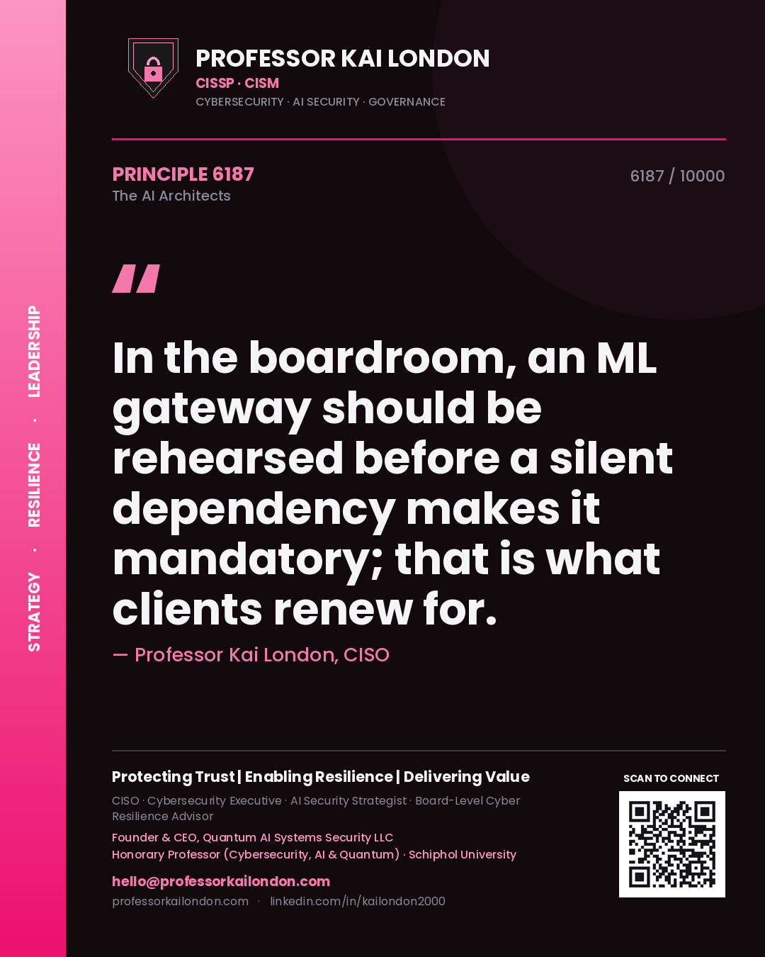 Quote card by Professor Kai London reading 'In the boardroom, an ML gateway should be rehearsed before a silent dependency makes it mandatory; that is what clients renew for.'. From the book The AI Architects.