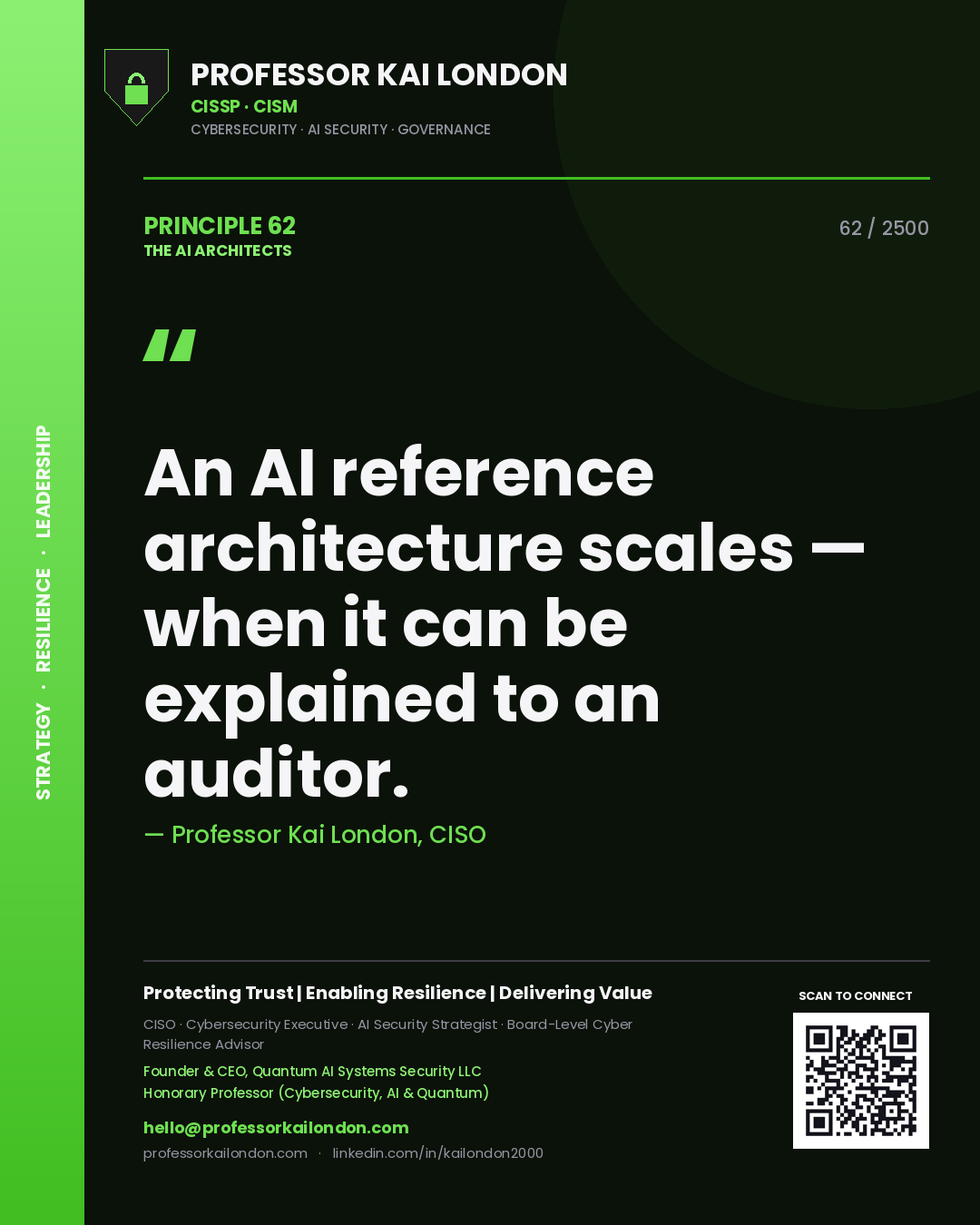 Professor Kai London principle 62: An AI reference architecture scales — when it can be explained to an auditor.