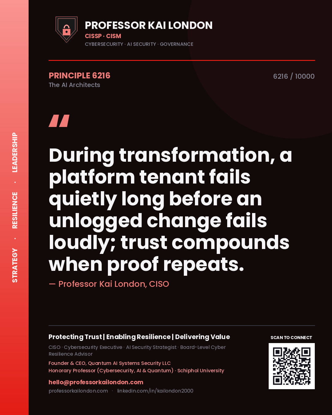 Professor Kai London principle 6216: During transformation, a platform tenant fails quietly long before an unlogged change fails loudly; trust compounds when proof repeats.