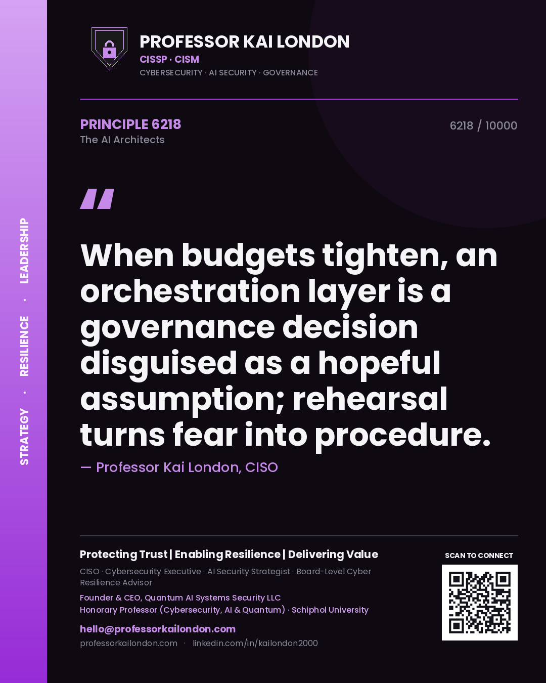 Quote card by Professor Kai London reading 'When budgets tighten, an orchestration layer is a governance decision disguised as a hopeful assumption; rehearsal turns fear into procedure.'. From the book The AI Architects.