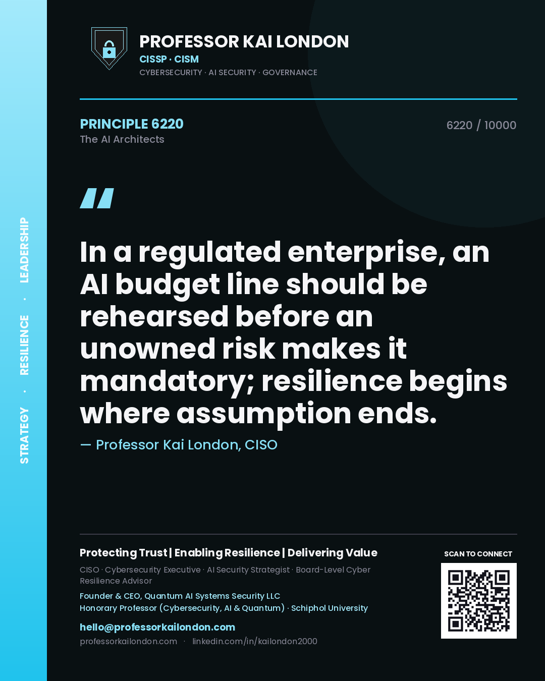 Professor Kai London principle 6220: In a regulated enterprise, an AI budget line should be rehearsed before an unowned risk makes it mandatory; resilience begins where assumption ends.