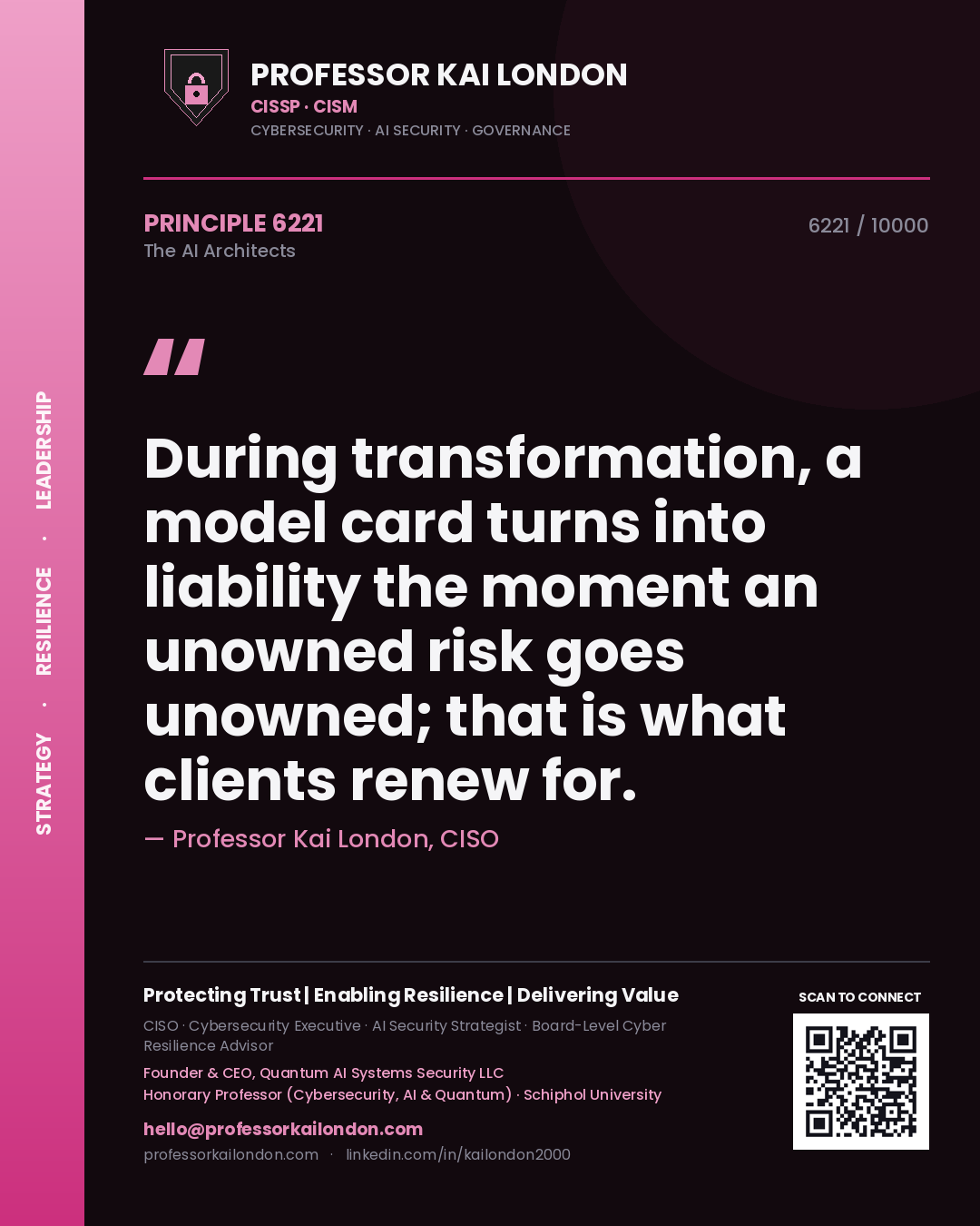 Quote card by Professor Kai London reading 'During transformation, a model card turns into liability the moment an unowned risk goes unowned; that is what clients renew for.'. From the book The AI Architects.