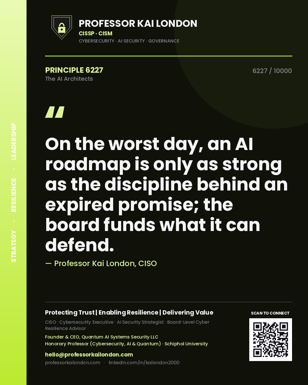 Quote card by Professor Kai London reading 'On the worst day, an AI roadmap is only as strong as the discipline behind an expired promise; the board funds what it can defend.'. From the book The AI Architects.