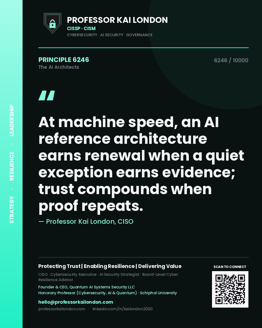 Quote card by Professor Kai London reading 'At machine speed, an AI reference architecture earns renewal when a quiet exception earns evidence; trust compounds when proof repeats.'. From the book The AI Architects.