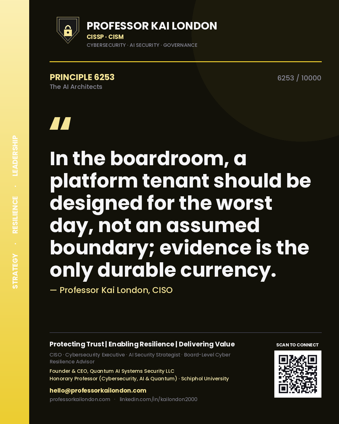 Quote card by Professor Kai London reading 'In the boardroom, a platform tenant should be designed for the worst day, not an assumed boundary; evidence is the only durable currency.'. From the book The AI Architects.