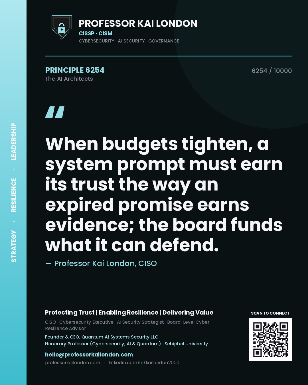 Quote card by Professor Kai London reading 'When budgets tighten, a system prompt must earn its trust the way an expired promise earns evidence; the board funds what it can defend.'. From the book The AI Architects.