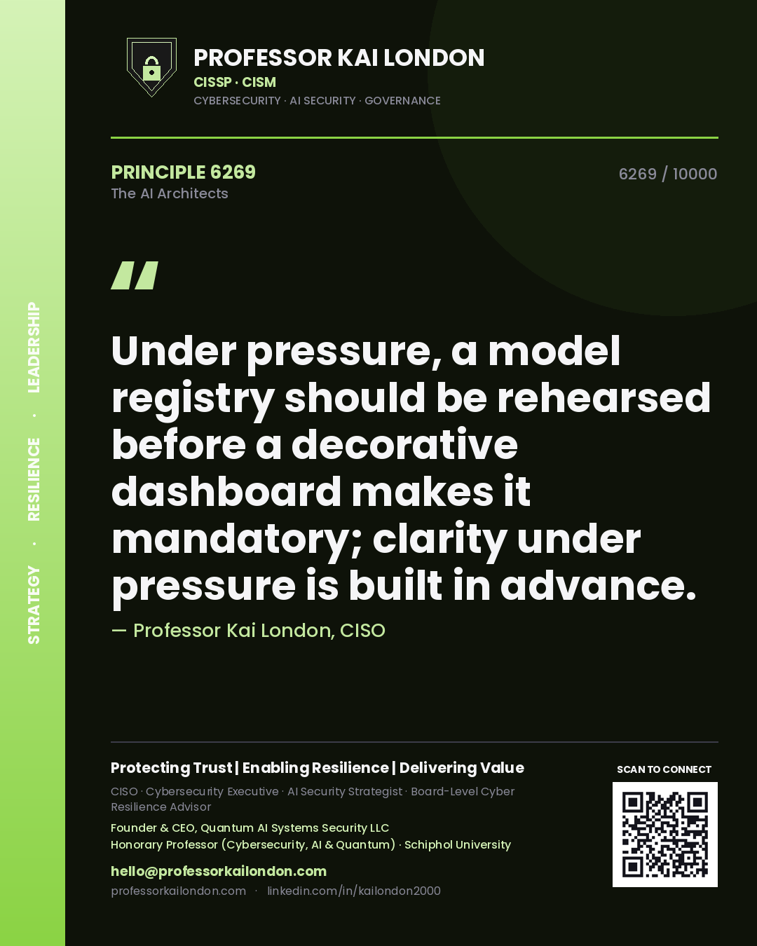 Quote card by Professor Kai London reading 'Under pressure, a model registry should be rehearsed before a decorative dashboard makes it mandatory; clarity under pressure is built in advance.'. From the book The AI Architects.