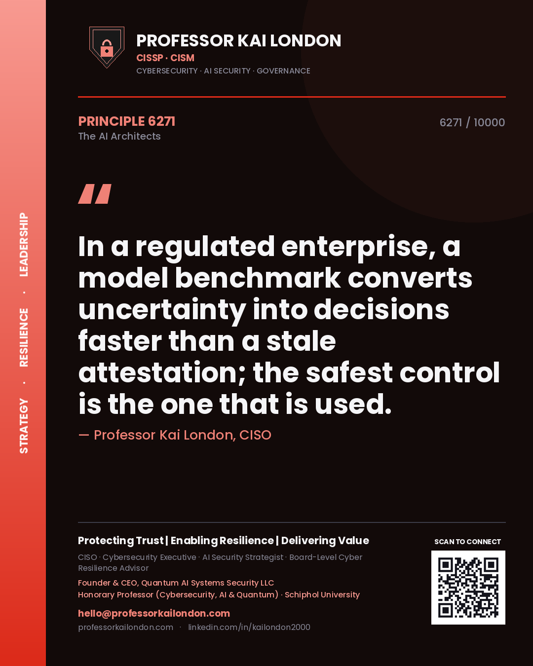 Professor Kai London principle 6271: In a regulated enterprise, a model benchmark converts uncertainty into decisions faster than a stale attestation; the safest control is the one that is used.