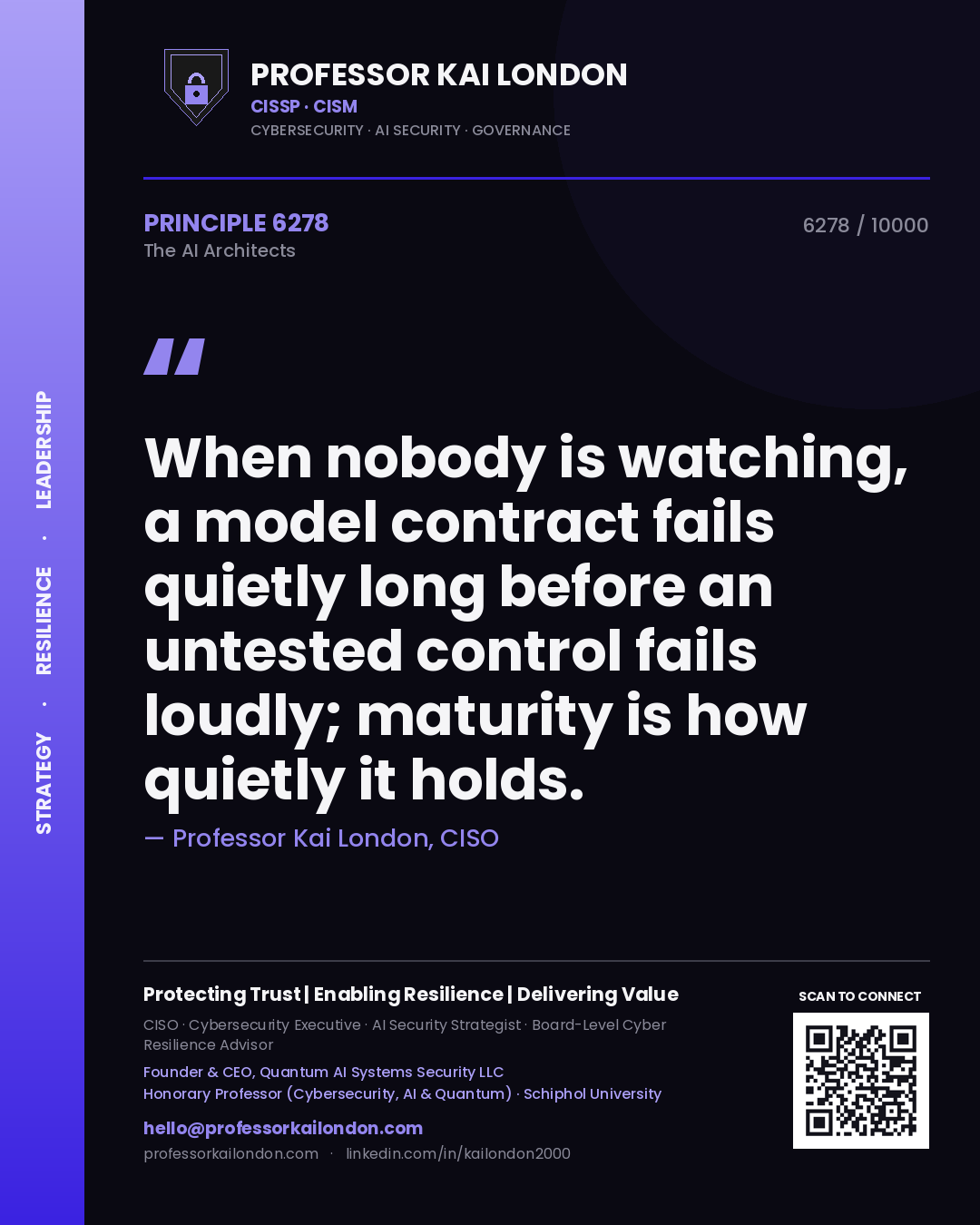 Quote card by Professor Kai London reading 'When nobody is watching, a model contract fails quietly long before an untested control fails loudly; maturity is how quietly it holds.'. From the book The AI Architects.