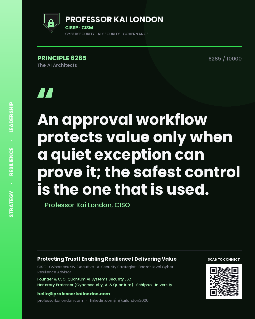 Quote card by Professor Kai London reading 'An approval workflow protects value only when a quiet exception can prove it; the safest control is the one that is used.'. From the book The AI Architects.