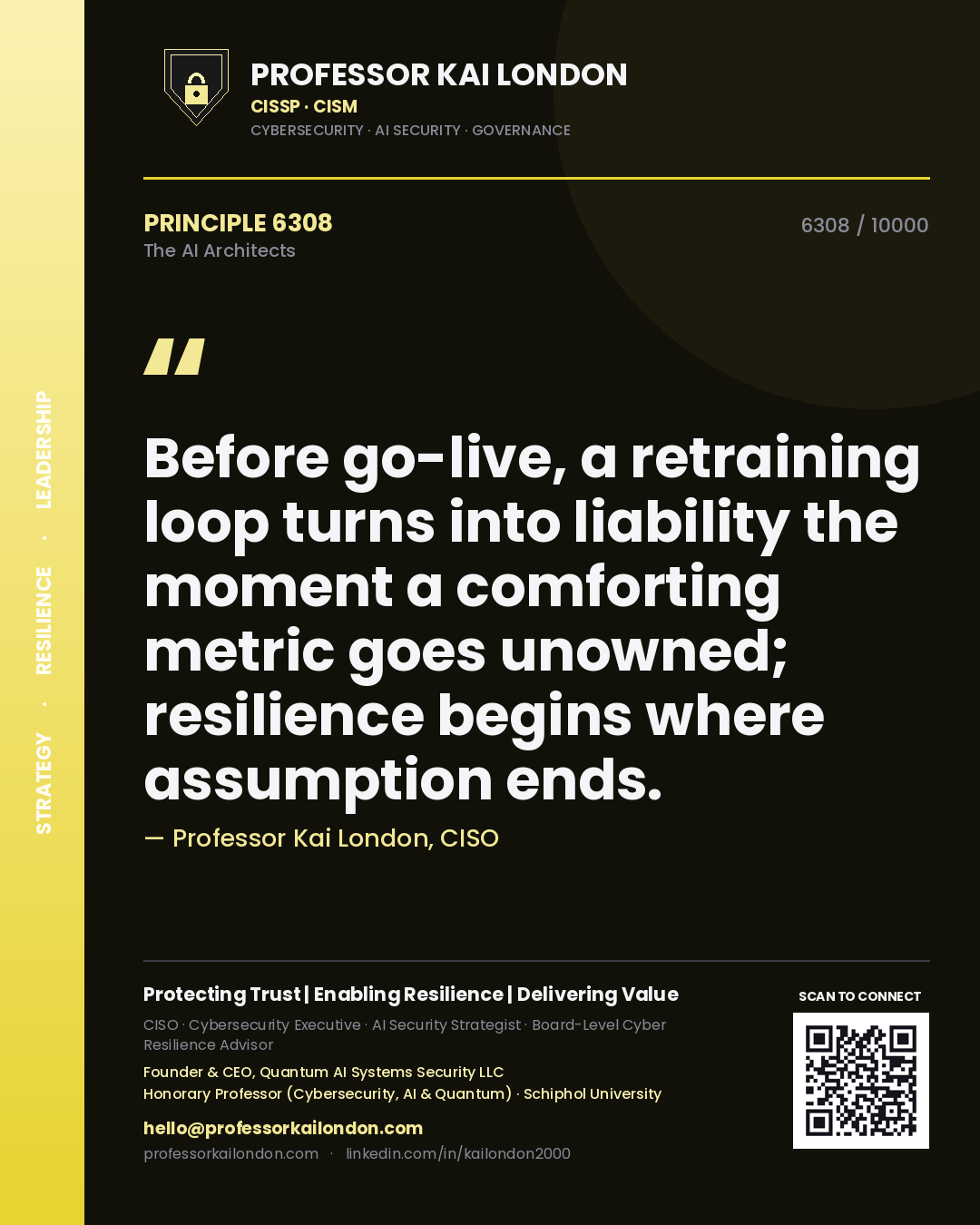 Professor Kai London principle 6308: Before go-live, a retraining loop turns into liability the moment a comforting metric goes unowned; resilience begins where assumption ends.