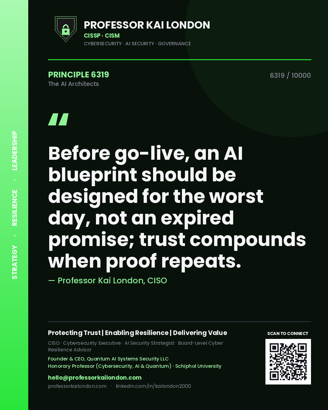 Quote card by Professor Kai London reading 'Before go-live, an AI blueprint should be designed for the worst day, not an expired promise; trust compounds when proof repeats.'. From the book The AI Architects.