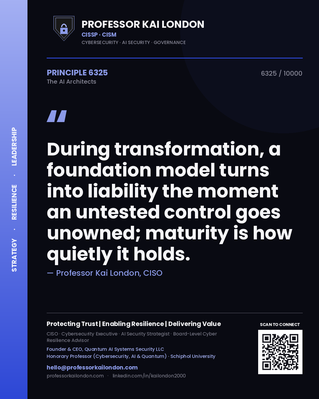 Quote card by Professor Kai London reading 'During transformation, a foundation model turns into liability the moment an untested control goes unowned; maturity is how quietly it holds.'. From the book The AI Architects.