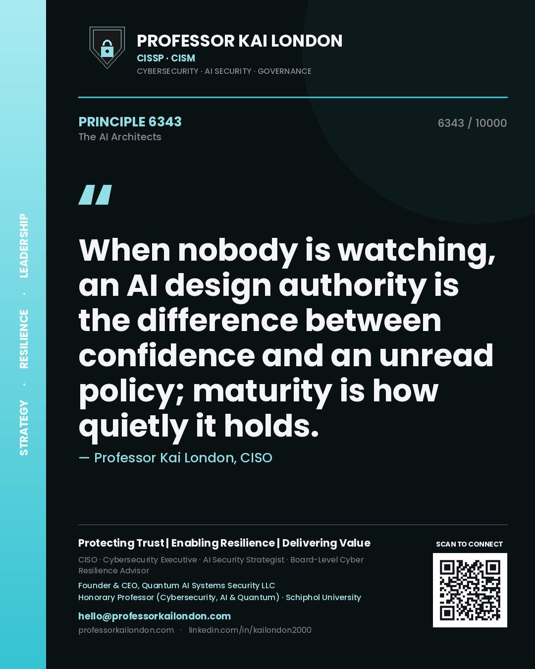 Quote card by Professor Kai London reading 'When nobody is watching, an AI design authority is the difference between confidence and an unread policy; maturity is how quietly it holds.'. From the book The AI Architects.