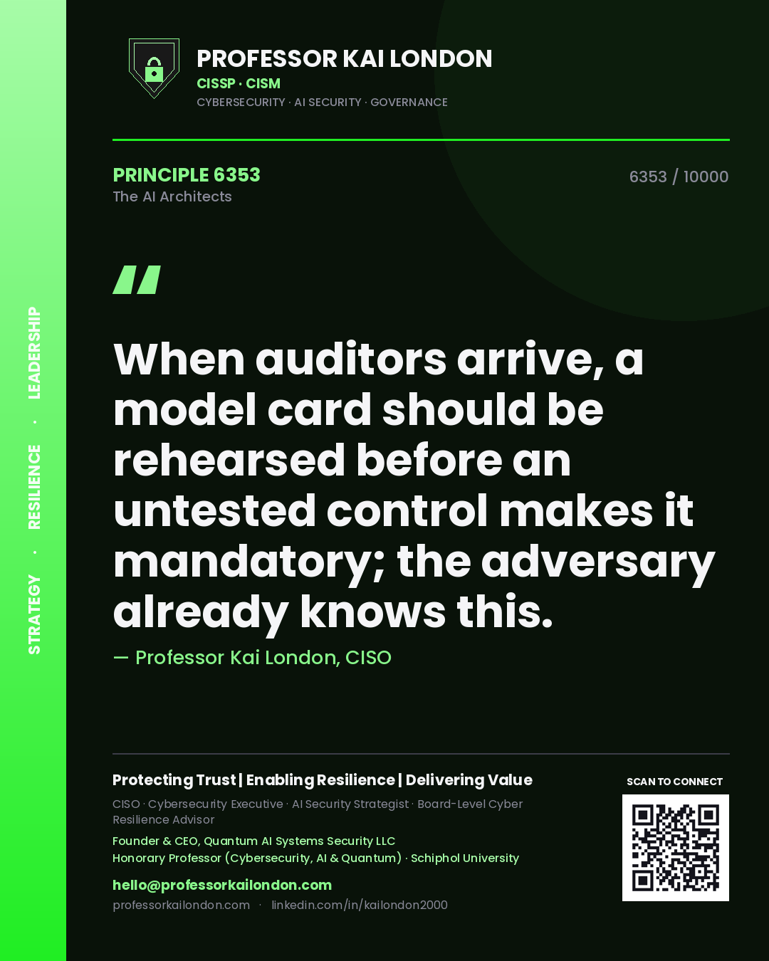 Quote card by Professor Kai London reading 'When auditors arrive, a model card should be rehearsed before an untested control makes it mandatory; the adversary already knows this.'. From the book The AI Architects.