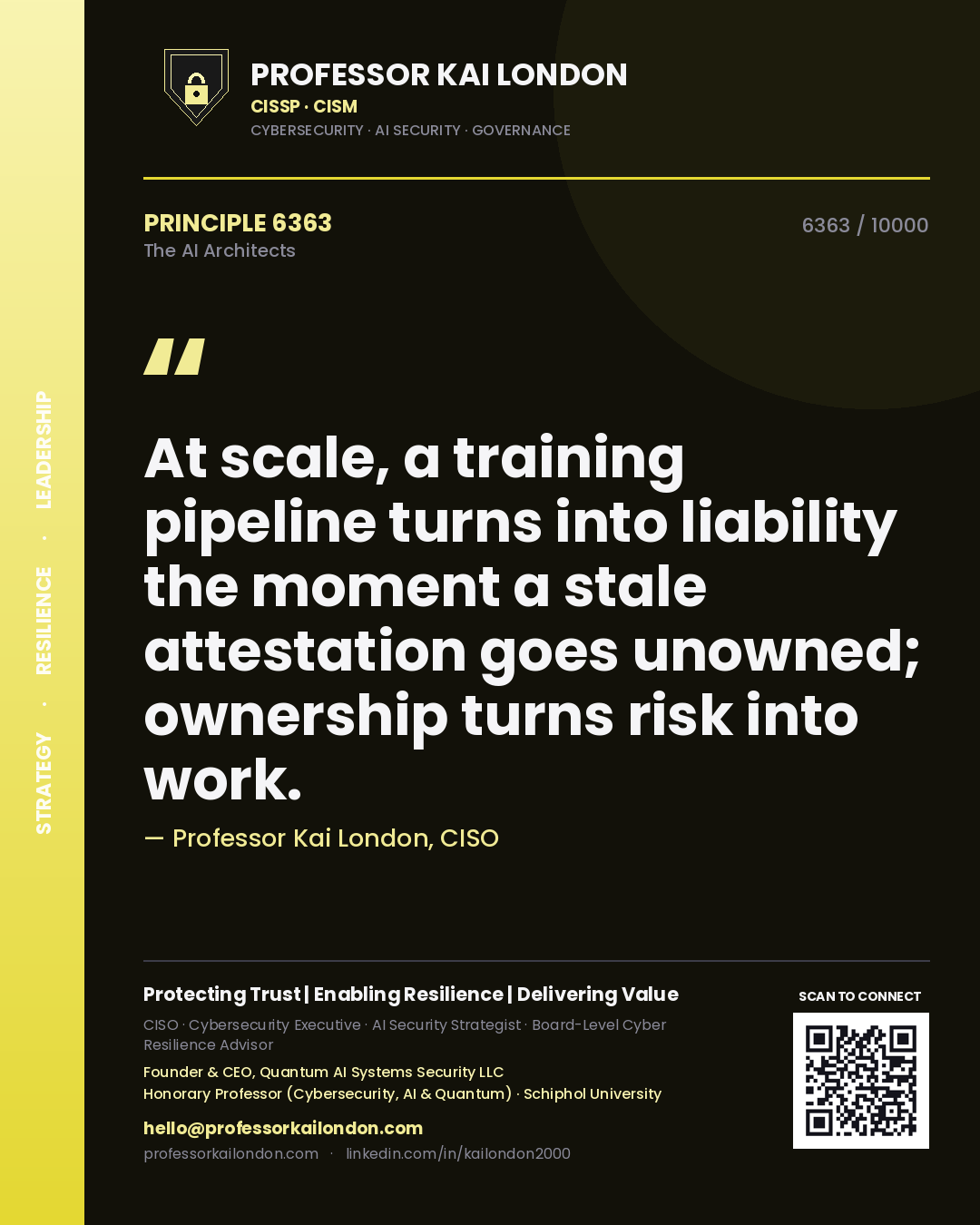 Quote card by Professor Kai London reading 'At scale, a training pipeline turns into liability the moment a stale attestation goes unowned; ownership turns risk into work.'. From the book The AI Architects.