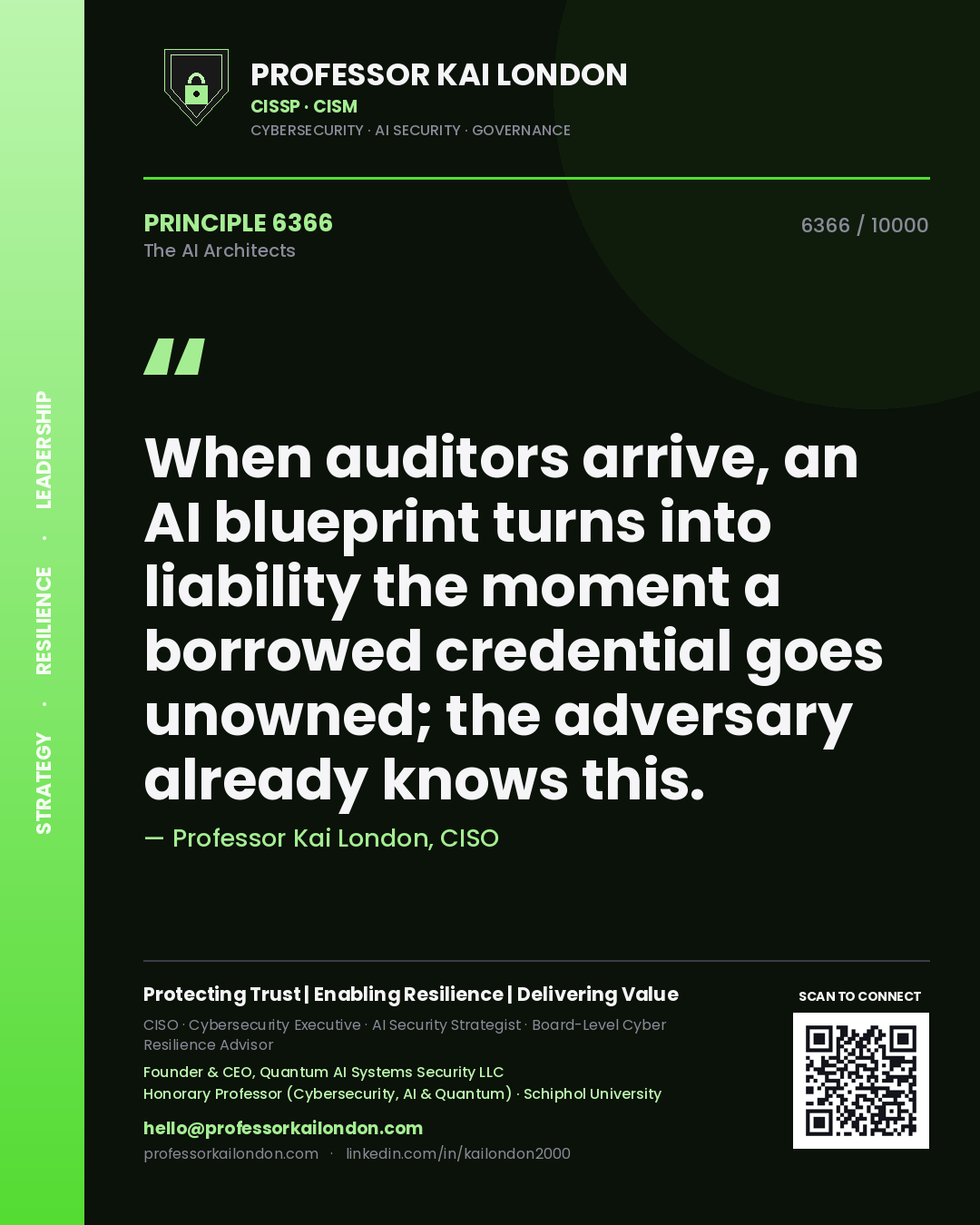 Quote card by Professor Kai London reading 'When auditors arrive, an AI blueprint turns into liability the moment a borrowed credential goes unowned; the adversary already knows this.'. From the book The AI Architects.