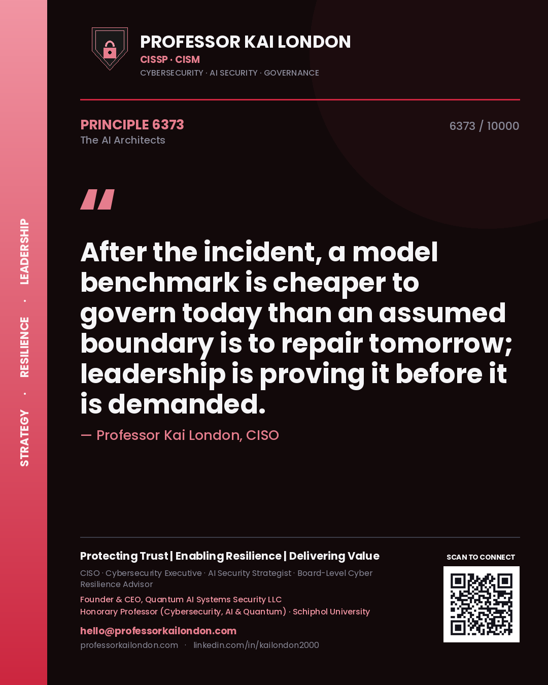 Quote card by Professor Kai London reading 'After the incident, a model benchmark is cheaper to govern today than an assumed boundary is to repair tomorrow; leadership is proving it before it is demanded.'. From the book The AI Architects.