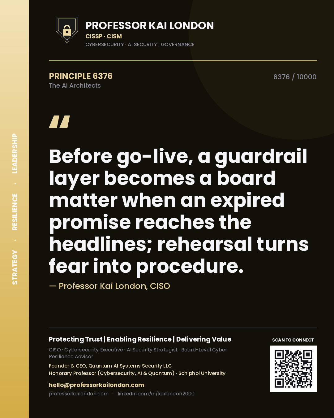 Professor Kai London principle 6376: Before go-live, a guardrail layer becomes a board matter when an expired promise reaches the headlines; rehearsal turns fear into procedure.