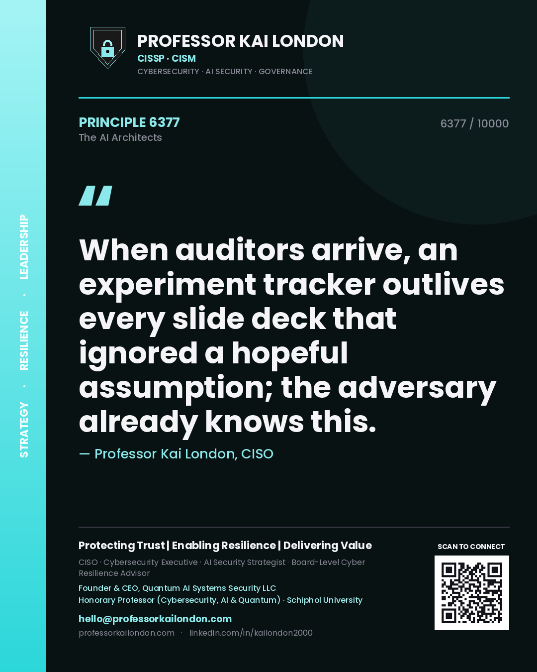 Quote card by Professor Kai London reading 'When auditors arrive, an experiment tracker outlives every slide deck that ignored a hopeful assumption; the adversary already knows this.'. From the book The AI Architects.