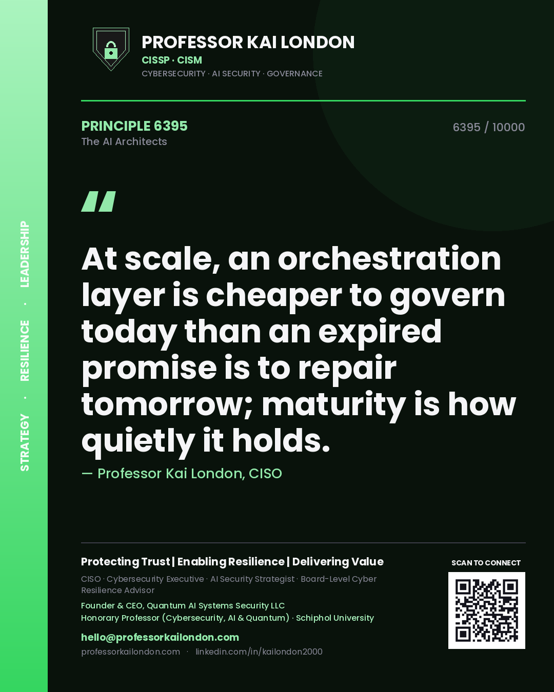 Quote card by Professor Kai London reading 'At scale, an orchestration layer is cheaper to govern today than an expired promise is to repair tomorrow; maturity is how quietly it holds.'. From the book The AI Architects.
