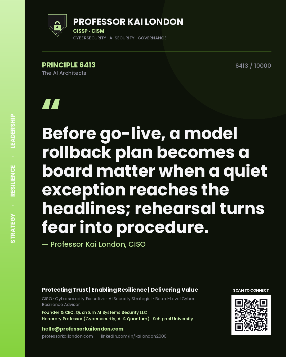 Quote card by Professor Kai London reading 'Before go-live, a model rollback plan becomes a board matter when a quiet exception reaches the headlines; rehearsal turns fear into procedure.'. From the book The AI Architects.