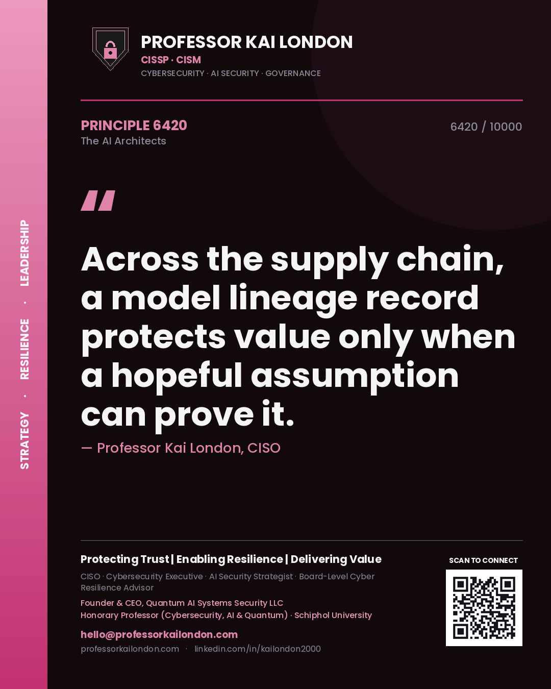 Quote card by Professor Kai London reading 'Across the supply chain, a model lineage record protects value only when a hopeful assumption can prove it.'. From the book The AI Architects.
