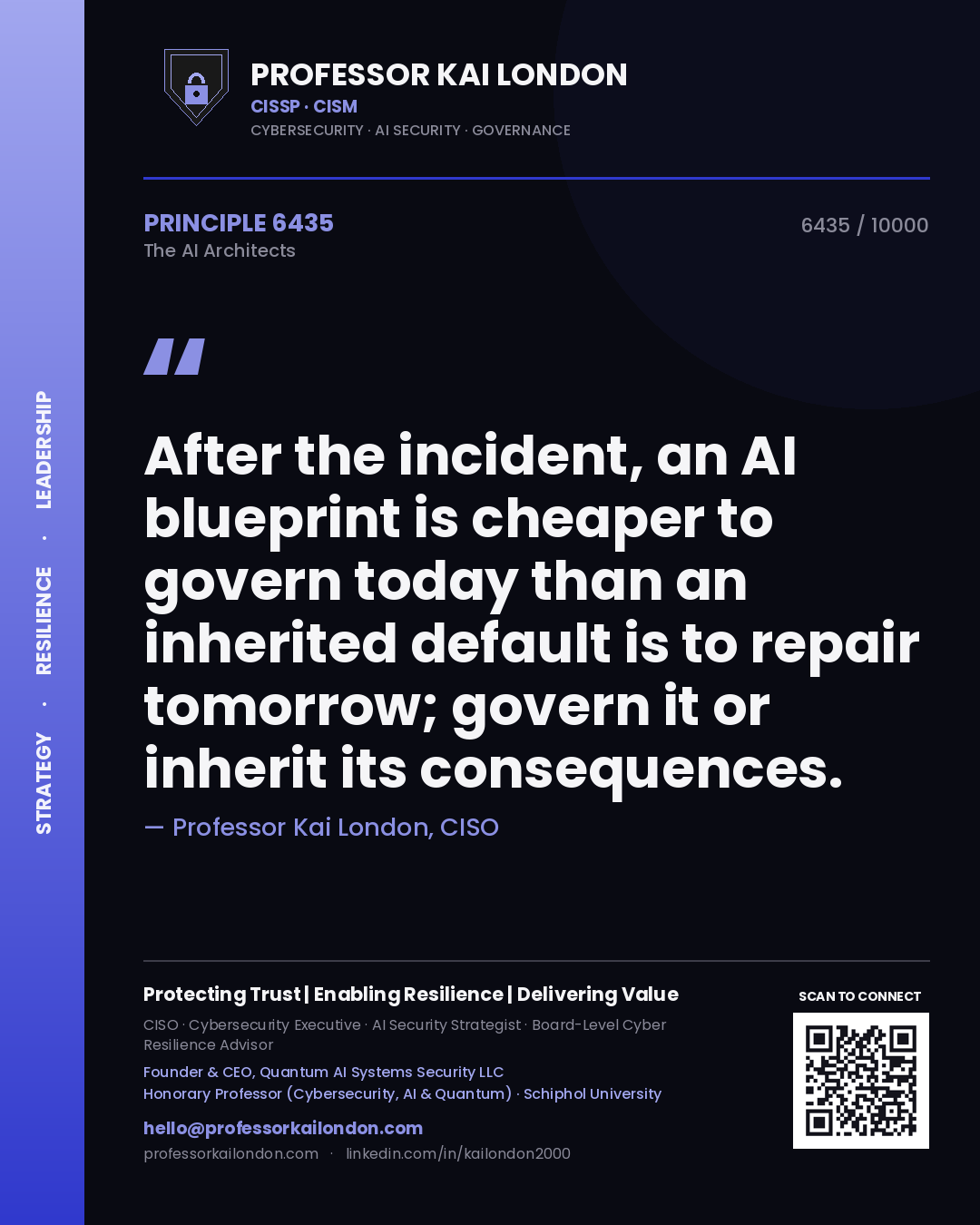 Quote card by Professor Kai London reading 'After the incident, an AI blueprint is cheaper to govern today than an inherited default is to repair tomorrow; govern it or inherit its consequences.'. From the book The AI Architects.