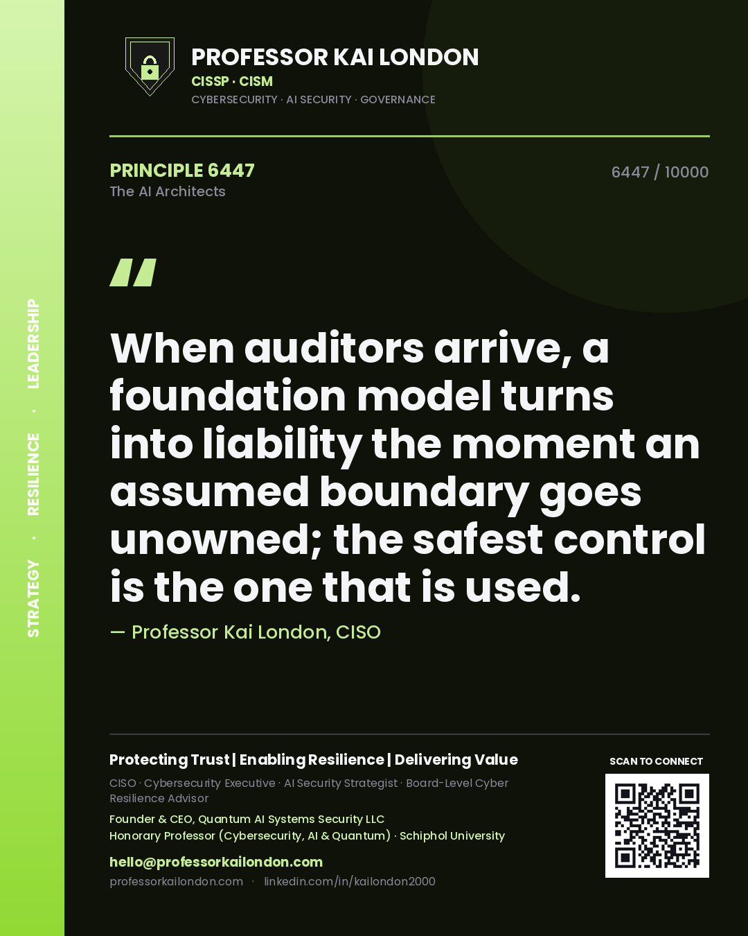Quote card by Professor Kai London reading 'When auditors arrive, a foundation model turns into liability the moment an assumed boundary goes unowned; the safest control is the one that is used.'. From the book The AI Architects.