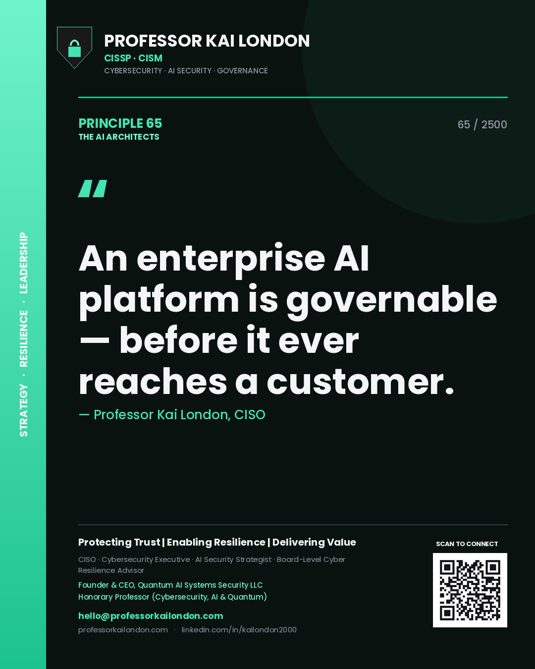 Quote card by Professor Kai London reading 'An enterprise AI platform is governable — before it ever reaches a customer.'. From the book The AI Architects.