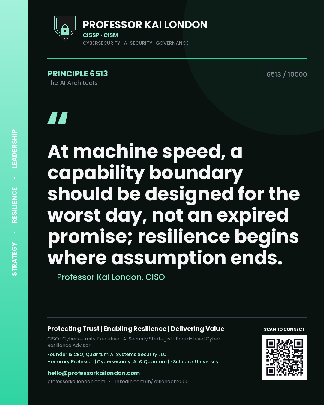 Quote card by Professor Kai London reading 'At machine speed, a capability boundary should be designed for the worst day, not an expired promise; resilience begins where assumption ends.'. From the book The AI Architects.