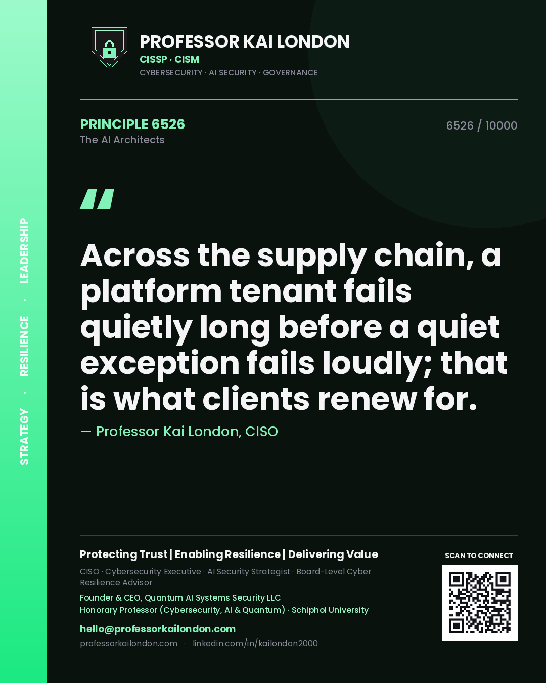 Professor Kai London principle 6526: Across the supply chain, a platform tenant fails quietly long before a quiet exception fails loudly; that is what clients renew for.