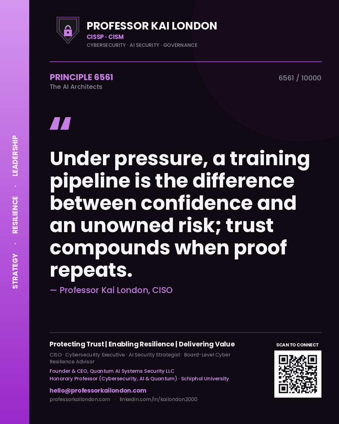 Professor Kai London principle 6561: Under pressure, a training pipeline is the difference between confidence and an unowned risk; trust compounds when proof repeats.
