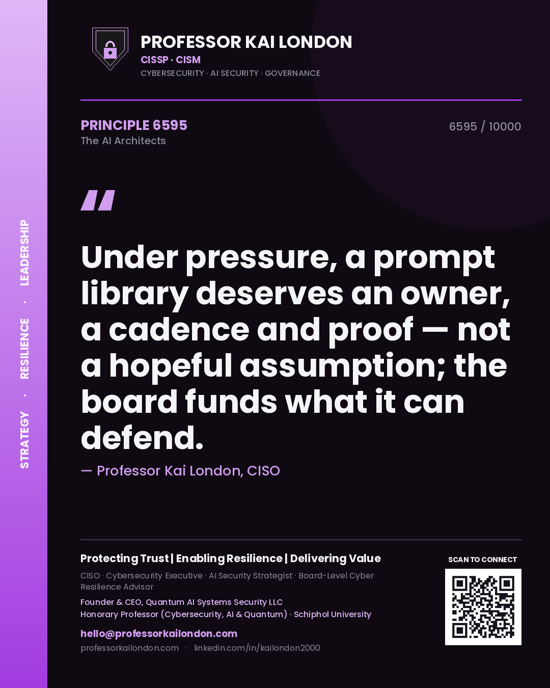 Quote card by Professor Kai London reading 'Under pressure, a prompt library deserves an owner, a cadence and proof — not a hopeful assumption; the board funds what it can defend.'. From the book The AI Architects.