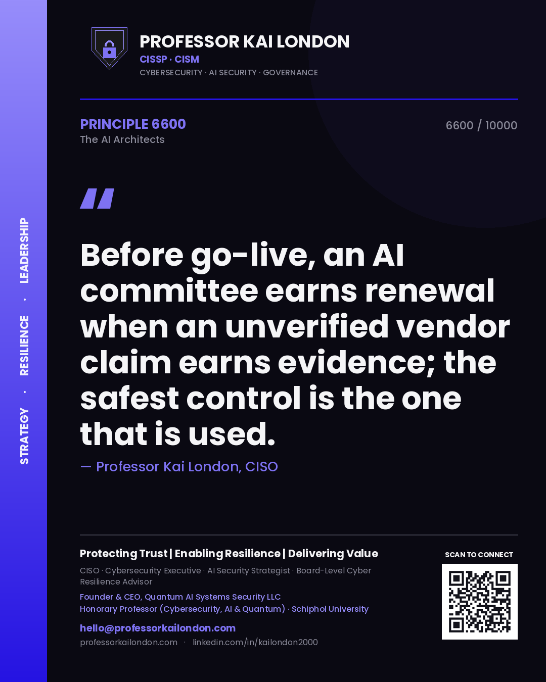 Professor Kai London principle 6600: Before go-live, an AI committee earns renewal when an unverified vendor claim earns evidence; the safest control is the one that is used.
