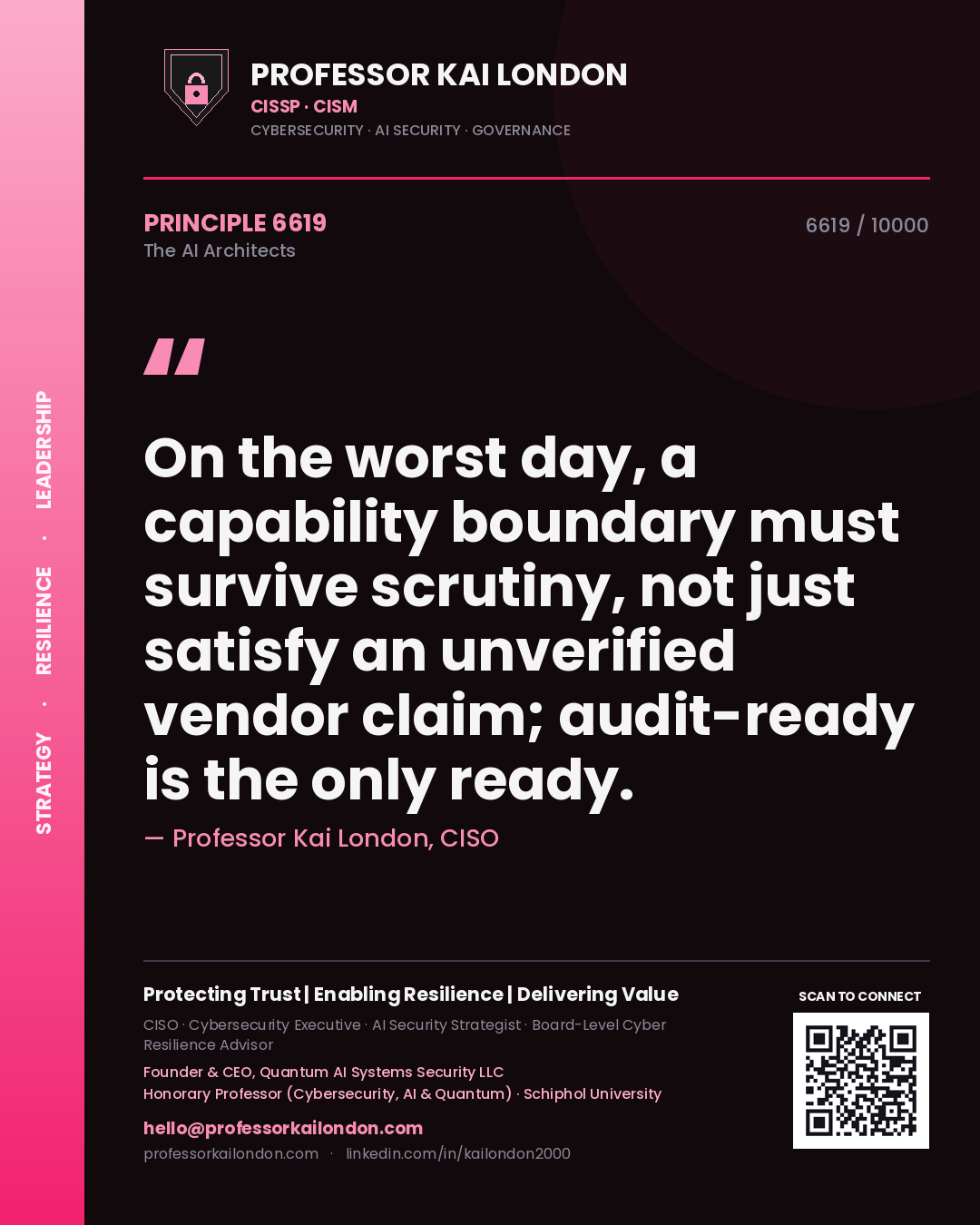 Quote card by Professor Kai London reading 'On the worst day, a capability boundary must survive scrutiny, not just satisfy an unverified vendor claim; audit-ready is the only ready.'. From the book The AI Architects.