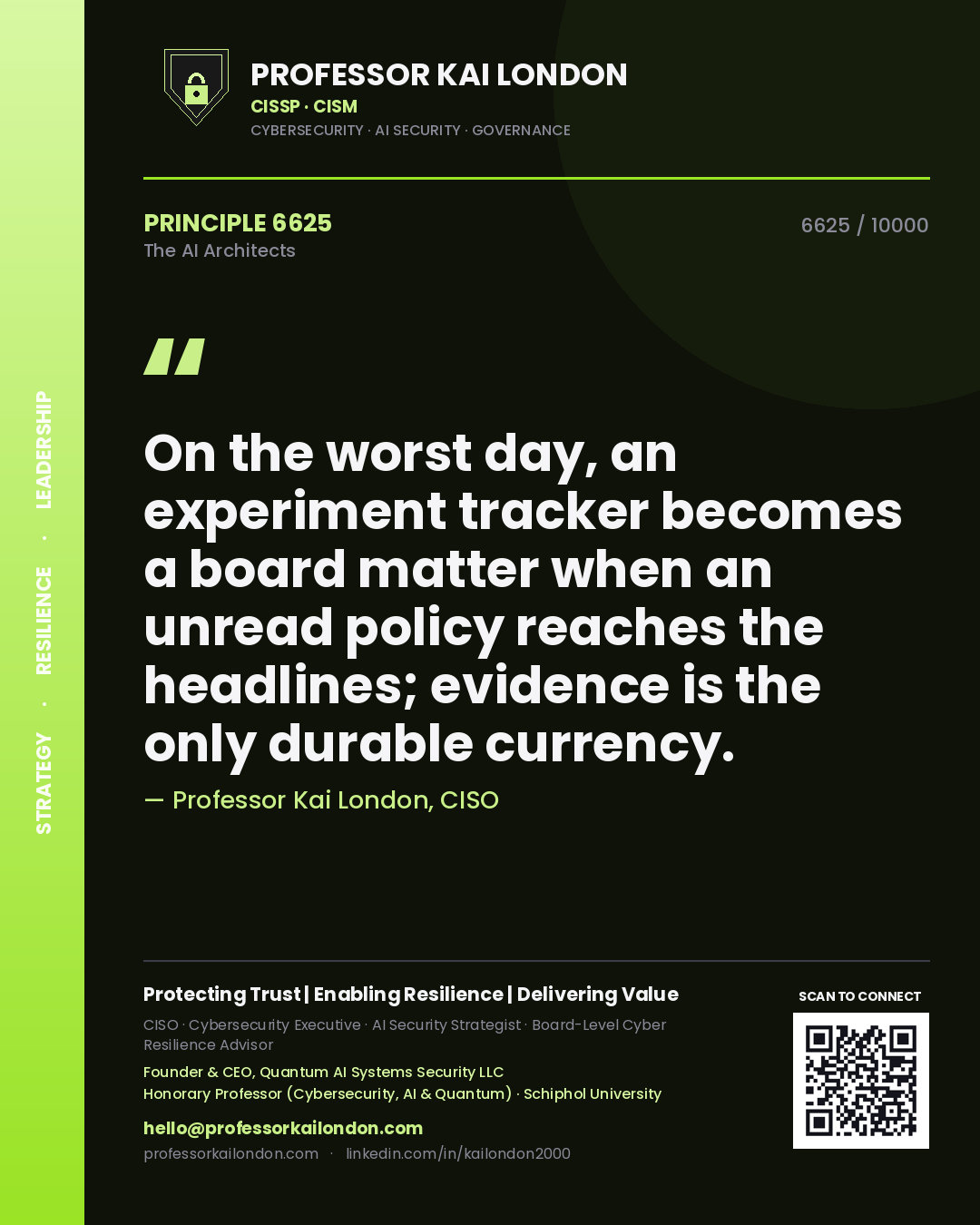 Quote card by Professor Kai London reading 'On the worst day, an experiment tracker becomes a board matter when an unread policy reaches the headlines; evidence is the only durable currency.'. From the book The AI Architects.