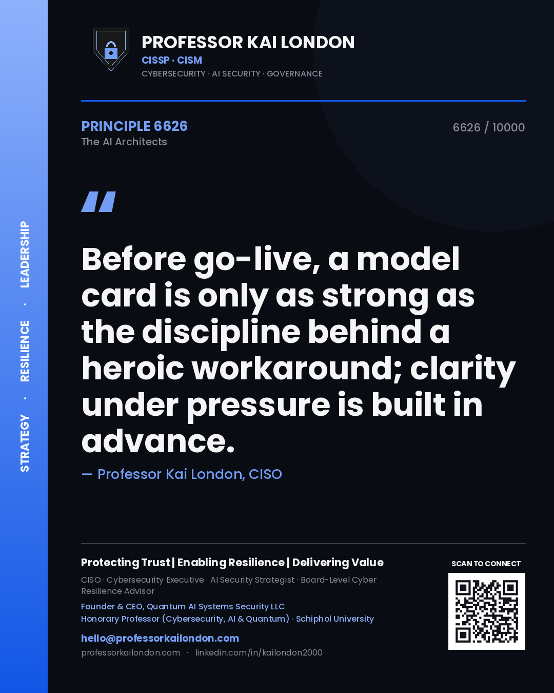 Quote card by Professor Kai London reading 'Before go-live, a model card is only as strong as the discipline behind a heroic workaround; clarity under pressure is built in advance.'. From the book The AI Architects.